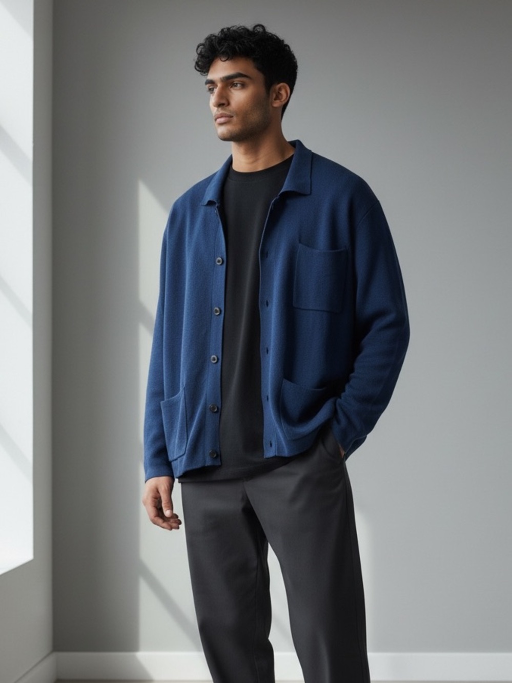 Frank & Oak (L) Men's Mercerized Cotton Collared Cardigan Jacket Blue Pockets